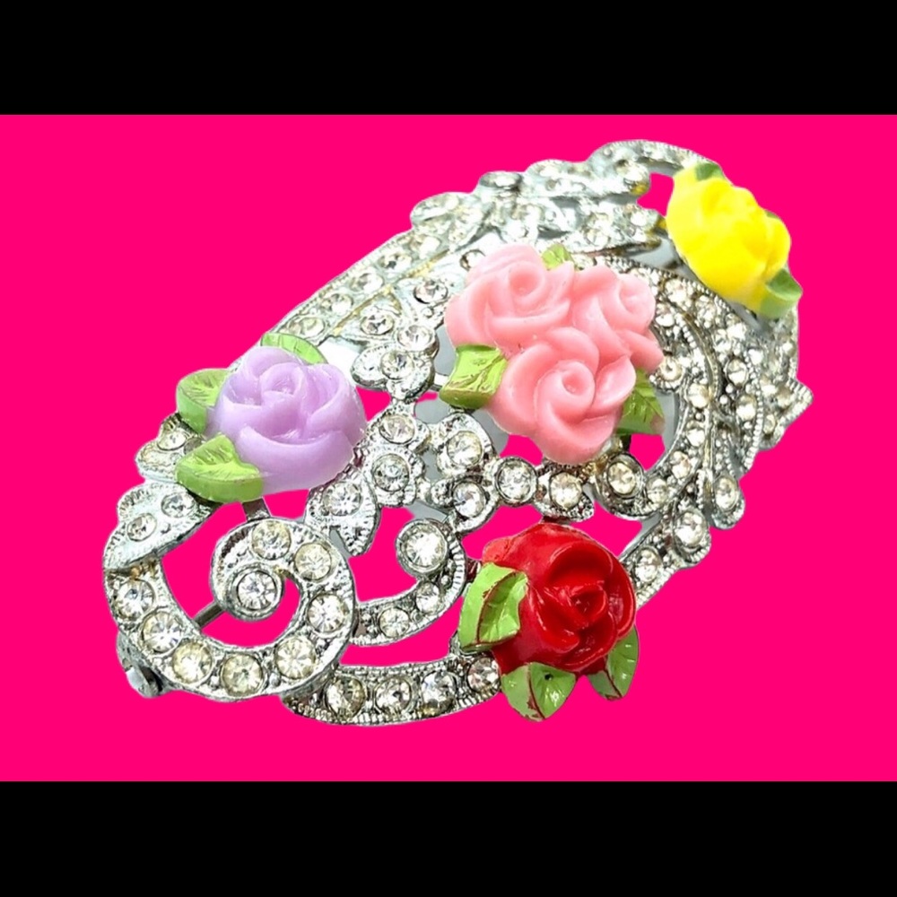 Vintage Floral & Rhinestone Brooch 1940s Fashion